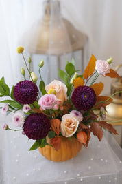 Autumn Jewel Tone Floral Centrepiece with Orange Foliage — Same-Day Delivery GTA