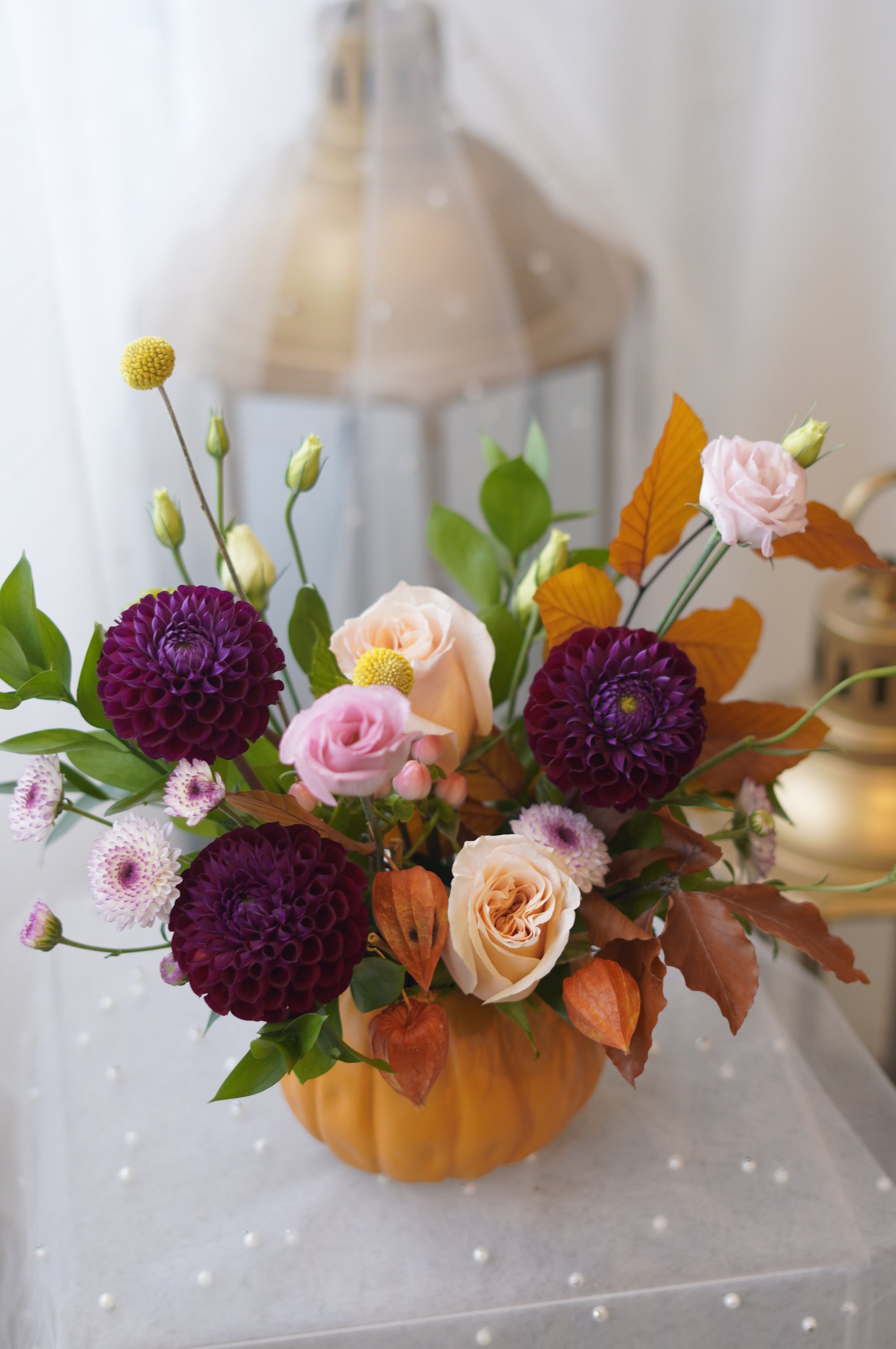 Autumn Jewel Tone Floral Centrepiece with Orange Foliage — Same-Day Delivery GTA