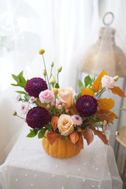 Burgundy Dahlias & Peach Roses in Pumpkin Vase — Fall Arrangement Toronto
