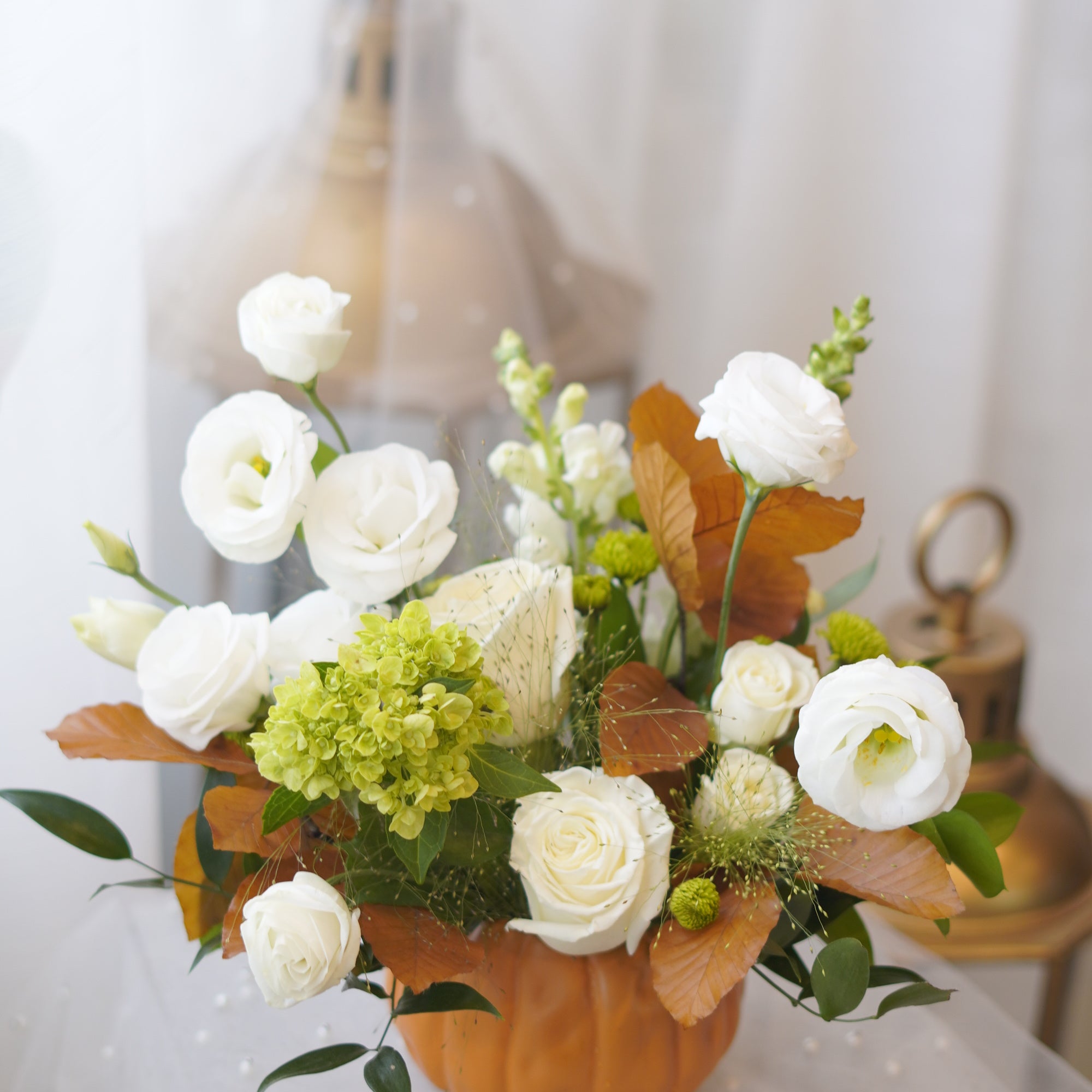 White Roses & Green Hydrangea in Pumpkin Vase — Fall Arrangement Toronto