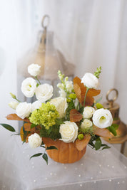 White Roses & Green Hydrangea in Pumpkin Vase — Fall Arrangement Toronto
