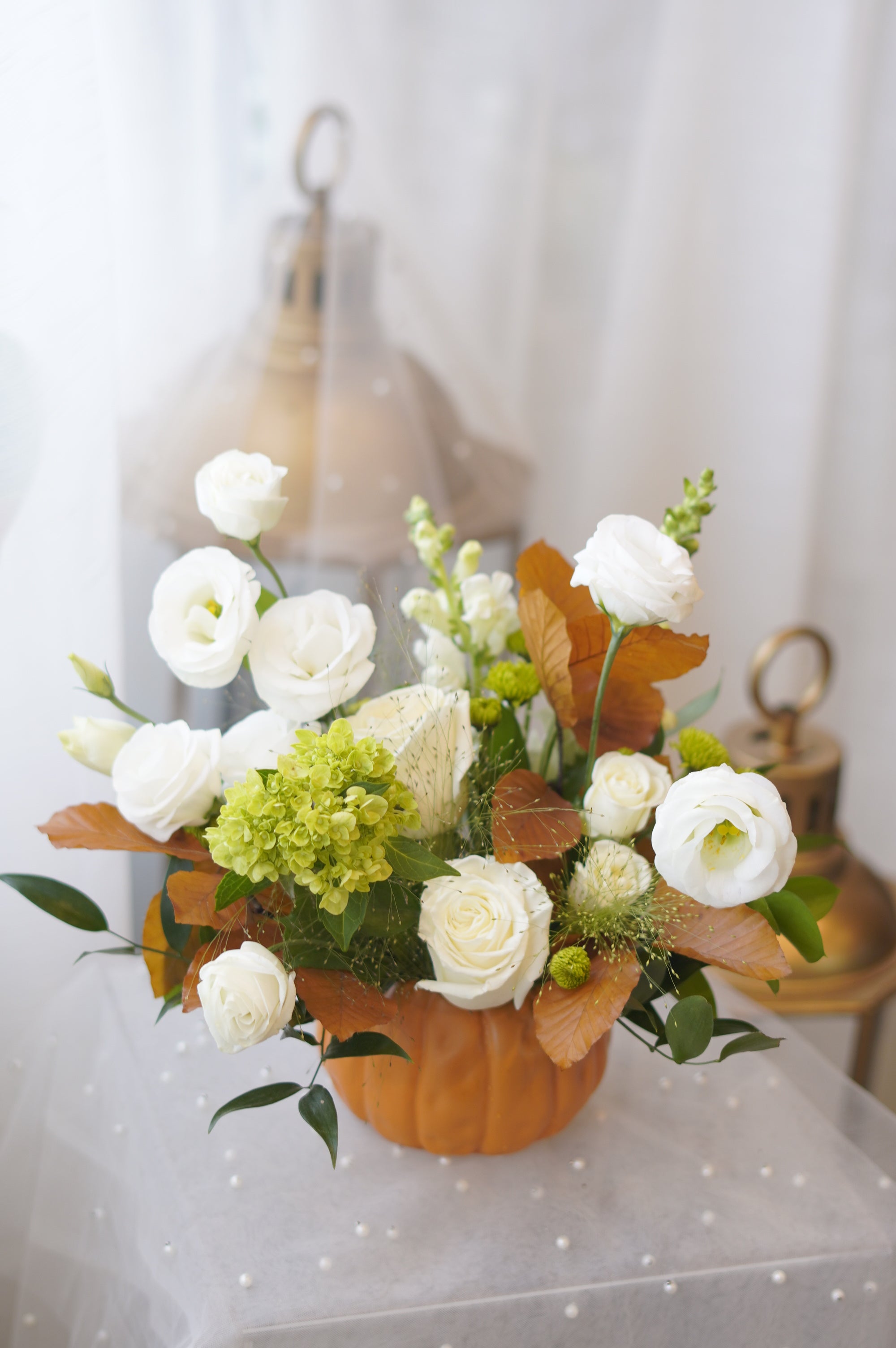 White Roses & Green Hydrangea in Pumpkin Vase — Fall Arrangement Toronto