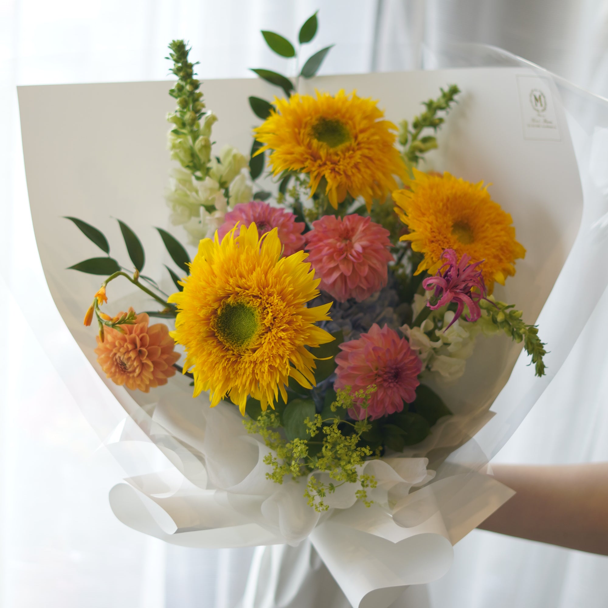 Blushing Teddy Bear Bouquet with sunflowers and pink dahlias — Same-Day Flower Delivery Toronto & GTA


