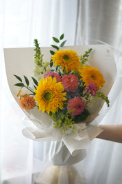 Blushing Teddy Bear Bouquet with sunflowers and pink dahlias — Same-Day Flower Delivery Toronto & GTA

