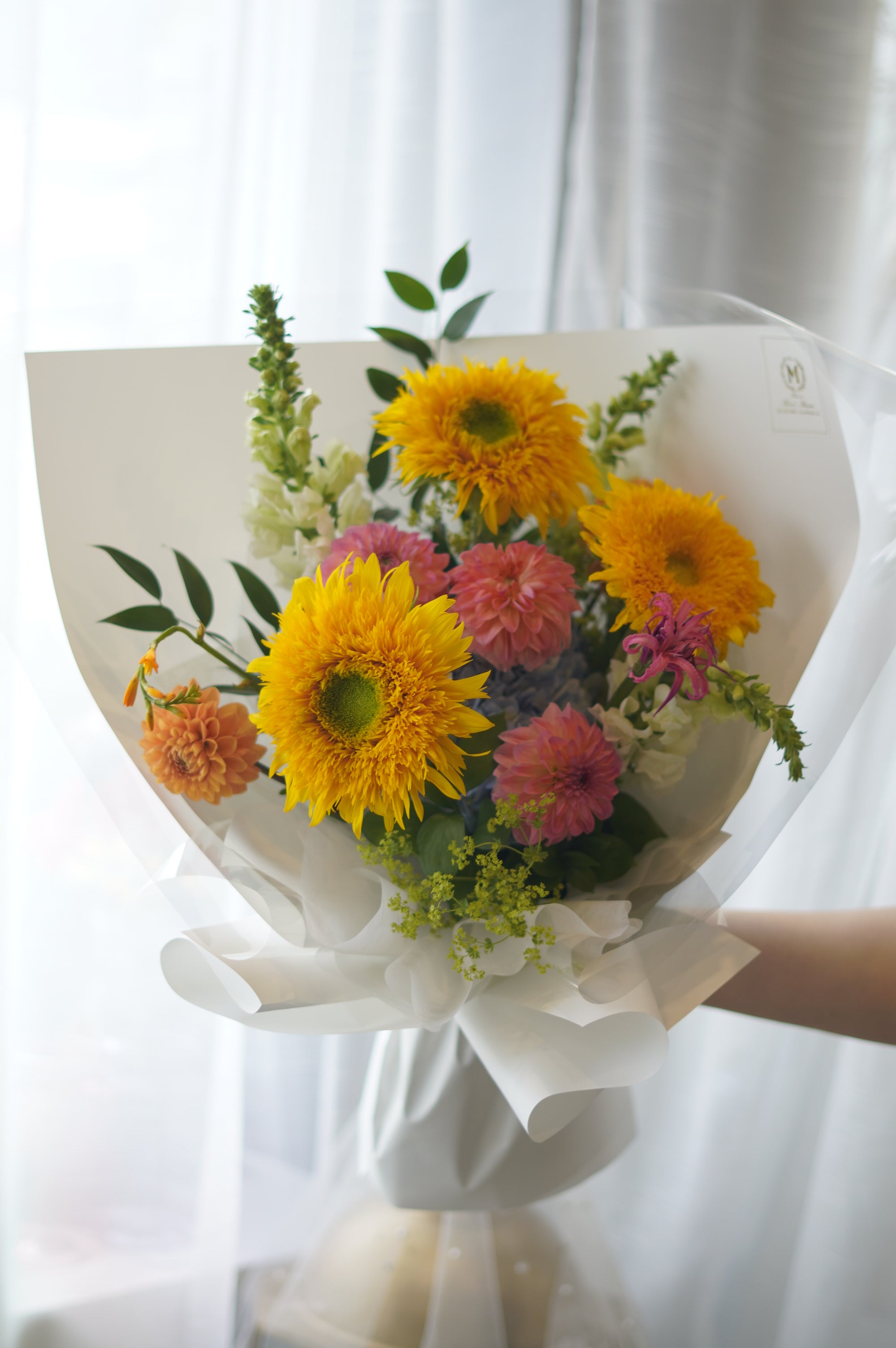 Blushing Teddy Bear Bouquet with sunflowers and pink dahlias — Same-Day Flower Delivery Toronto & GTA

