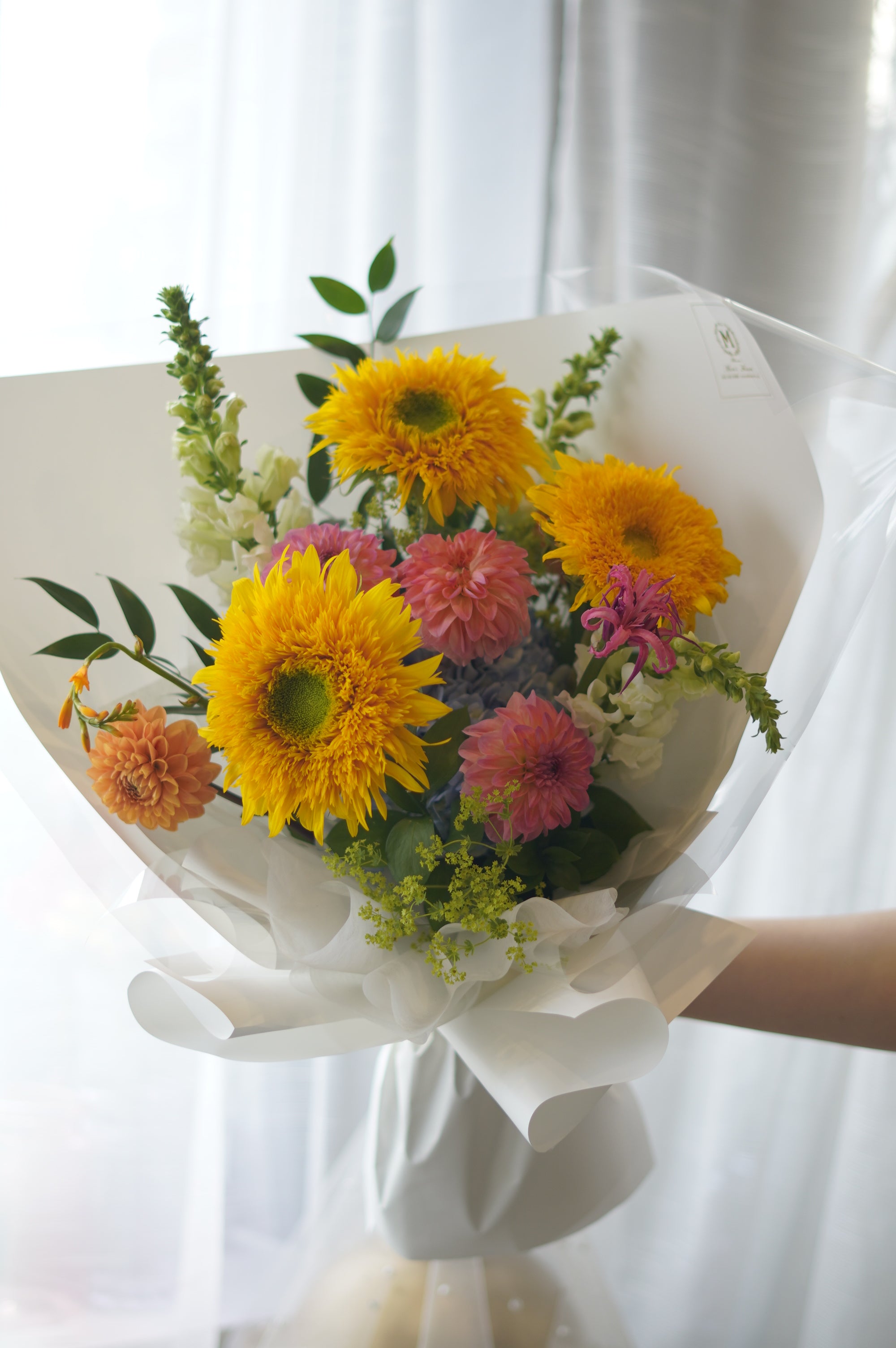 Blushing Teddy Bear Bouquet with sunflowers and pink dahlias — Same-Day Flower Delivery Toronto & GTA