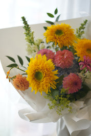 Blushing Teddy Bear Bouquet with sunflowers and pink dahlias — Same-Day Flower Delivery Toronto & GTA

