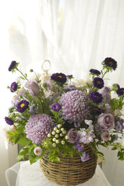Lavender mums, purple asters and dusty roses with ivory snowberries — GTA florist arrangement