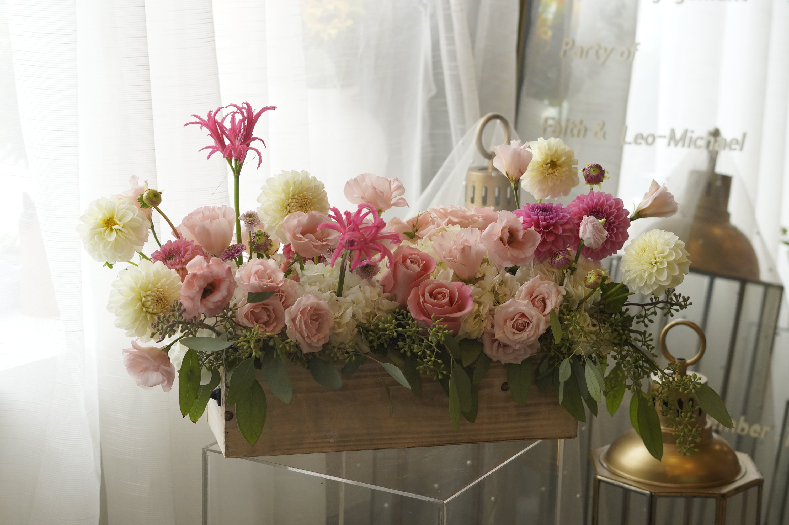 Blush roses and pink dahlias with creamy seasonal flowers