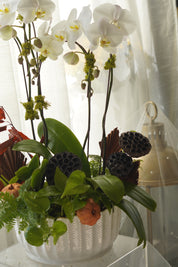 White phalaenopsis orchids with dried lotus pods and greenery — Oakville florist