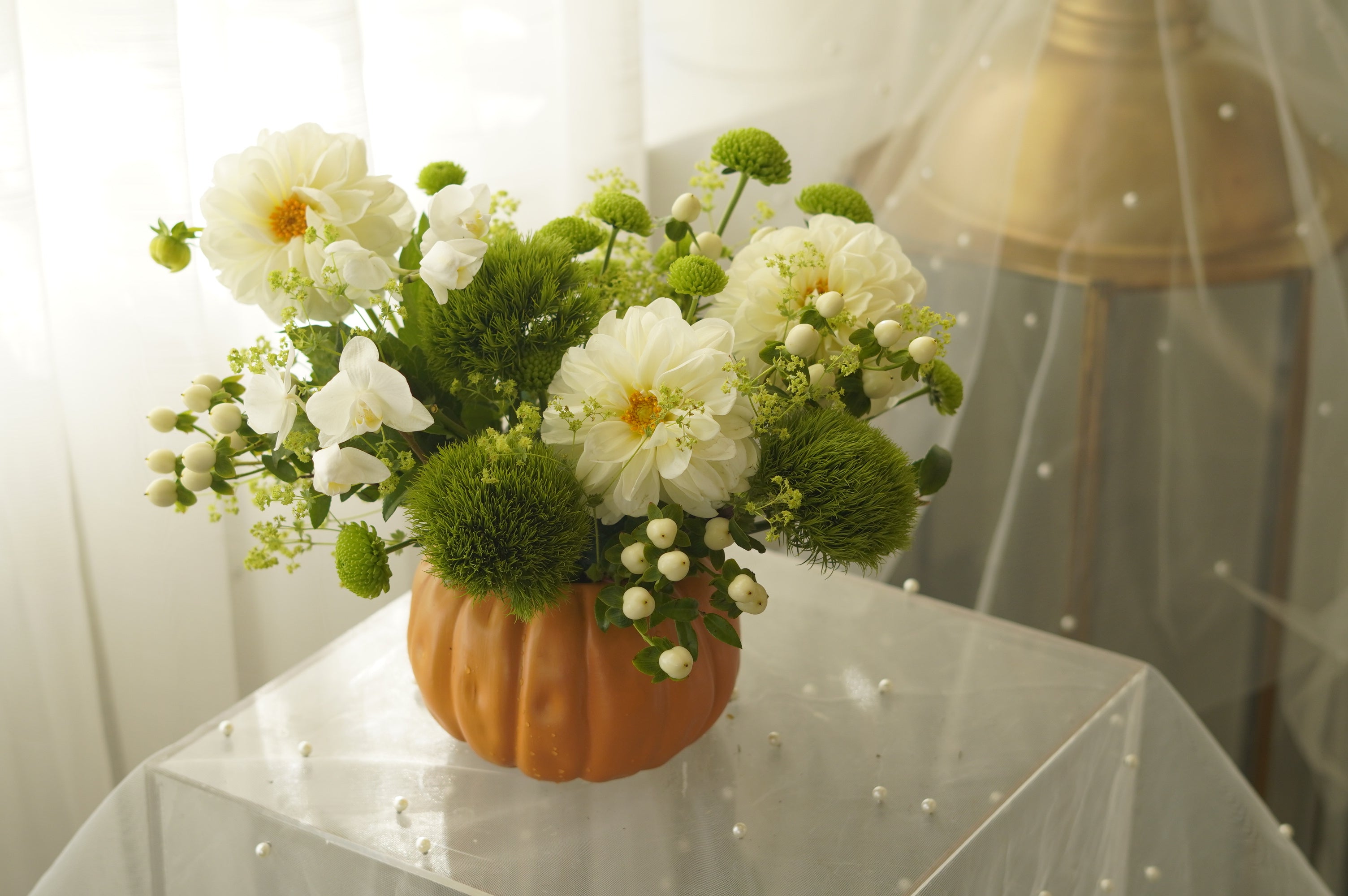 White dahlias and anemones with snowberries and greenery — Oakville florist