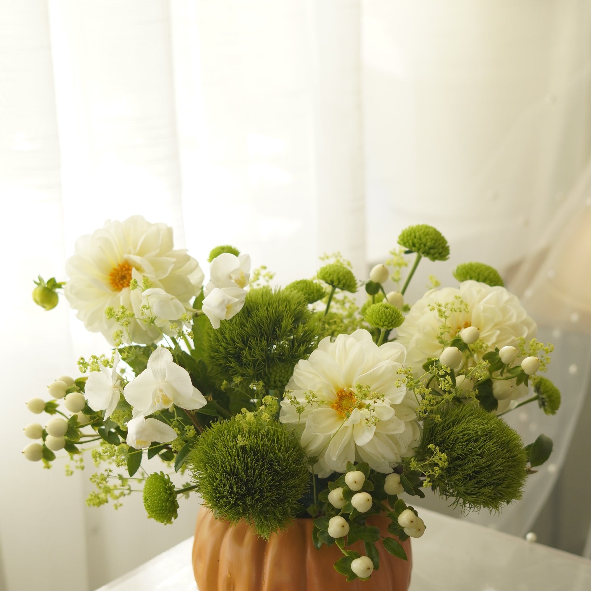 Autumn White Dahlia Arrangement in pumpkin vase — Toronto flower delivery