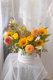 Golden Gathering in a white sculptural vase — Thanksgiving flower delivery in Toronto and Oakville