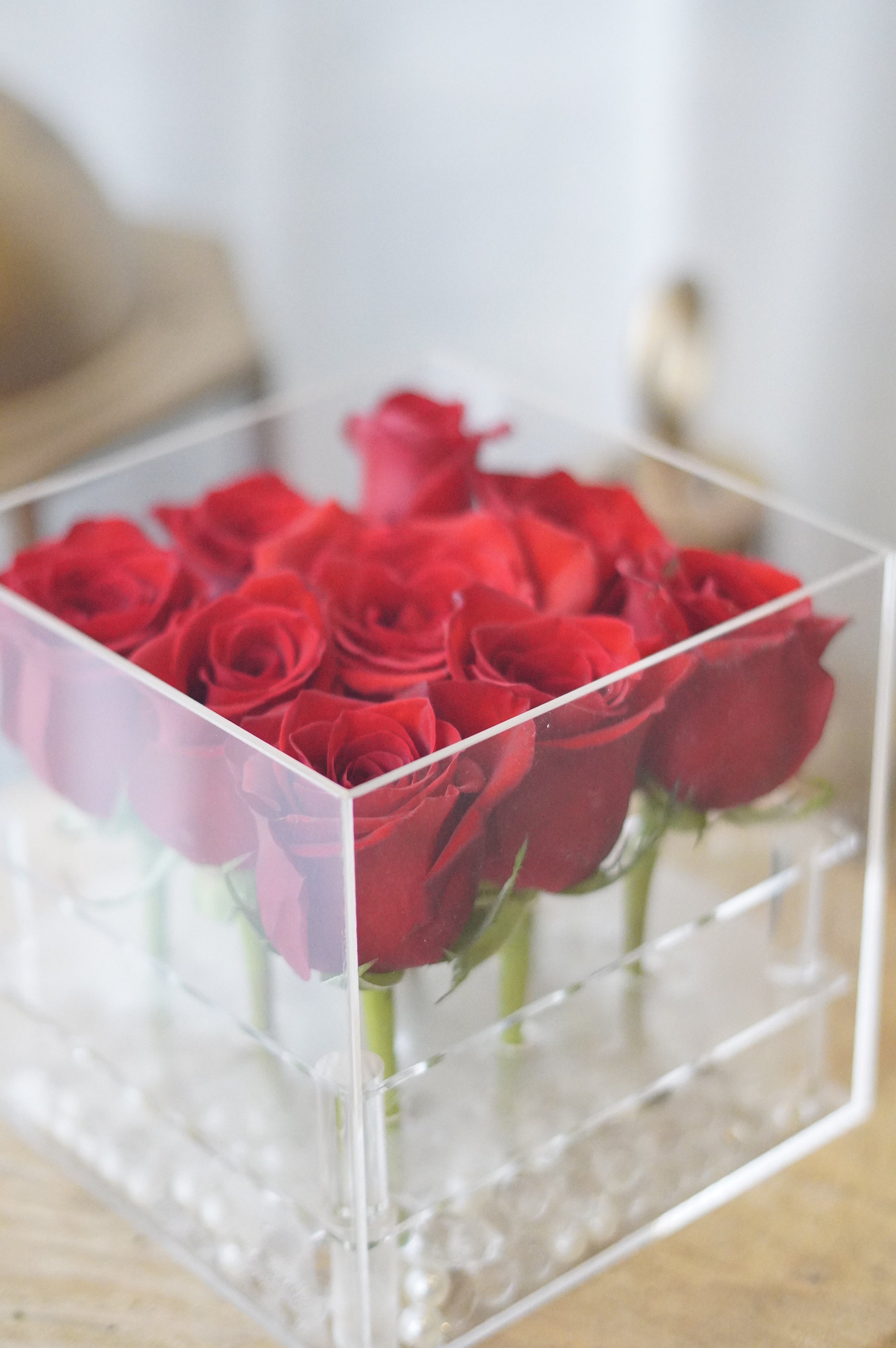 Close-up of red roses inside a clear acrylic rose box arrangement