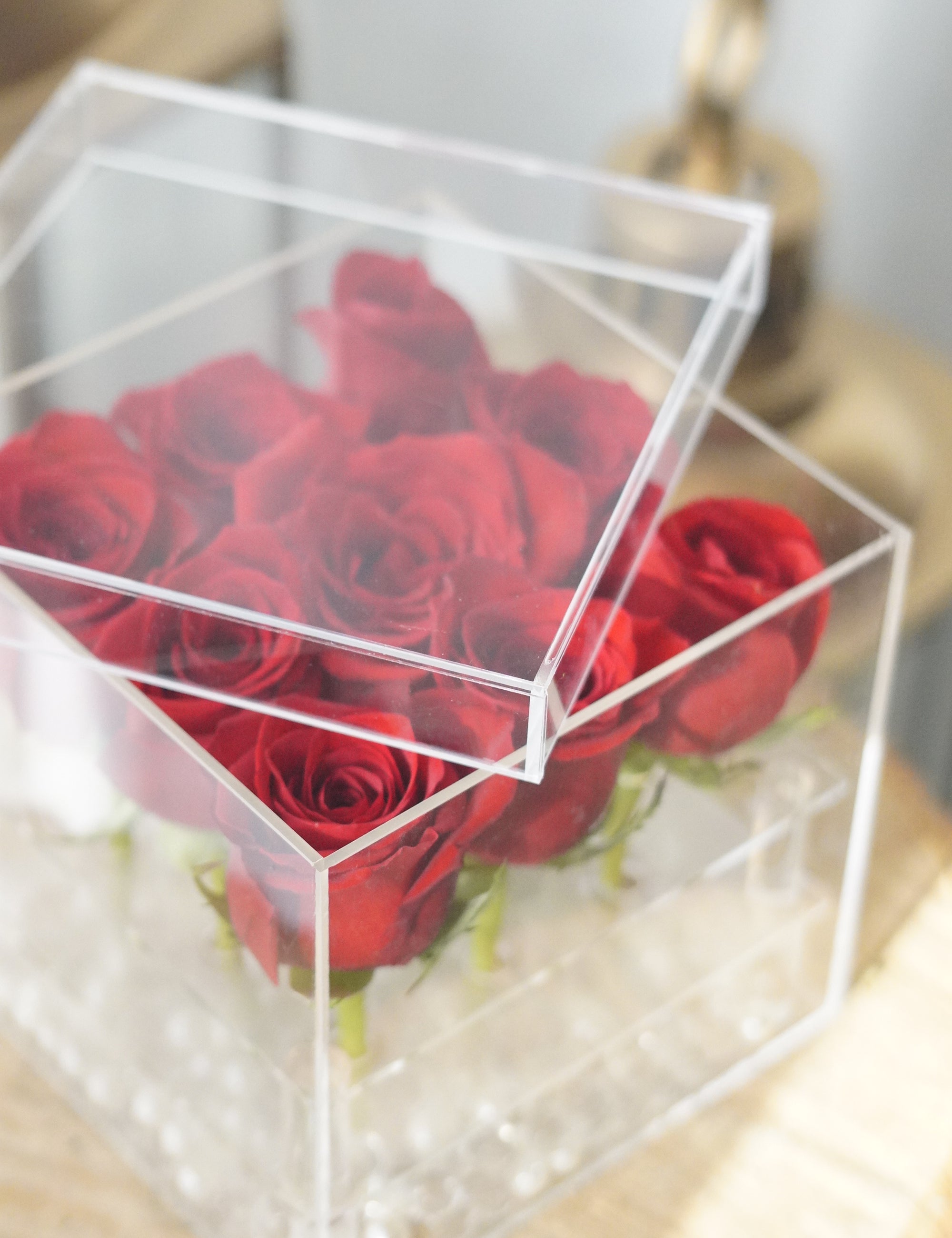 red rose box with clear acrylic lid and modern display design