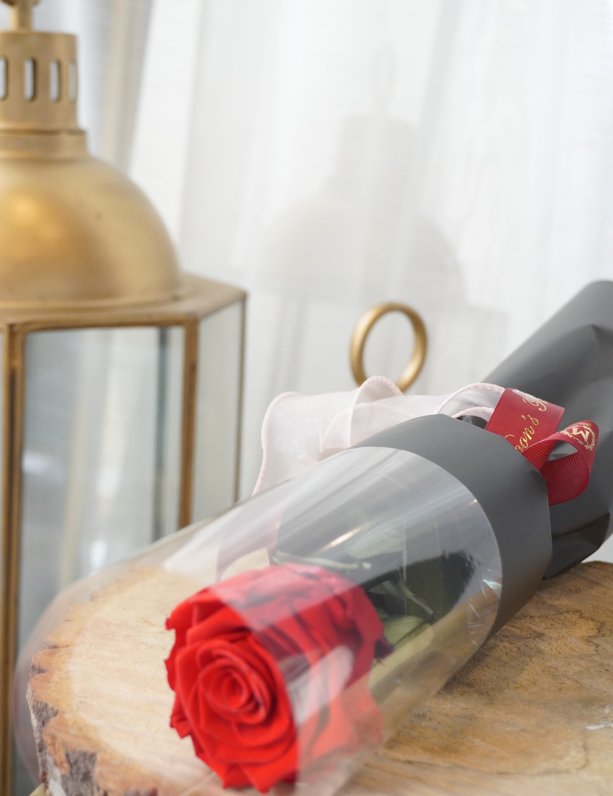 Single red preserved rose laid flat with minimal black wrapping, long-lasting preserved rose gift