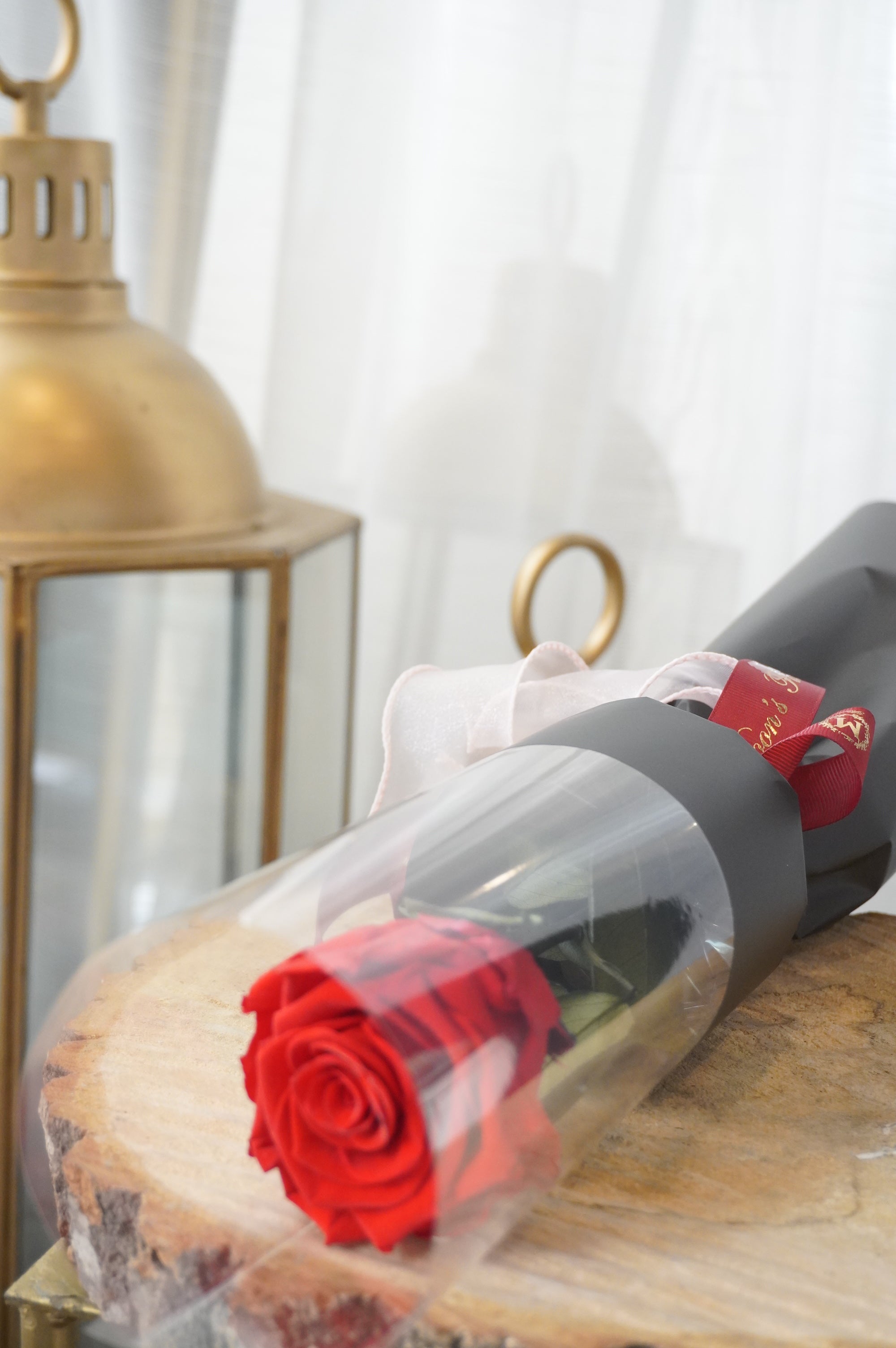 Single red preserved rose laid flat with minimal black wrapping, long-lasting preserved rose gift
