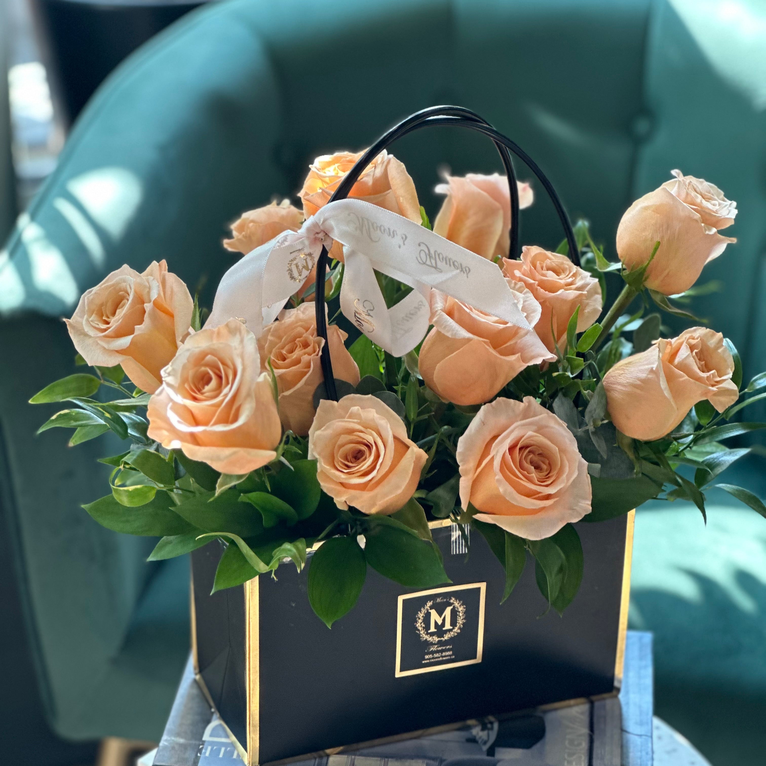 Full view of Dozen Peach Roses – Basket of Love basket arrangement, easy to display without a vase