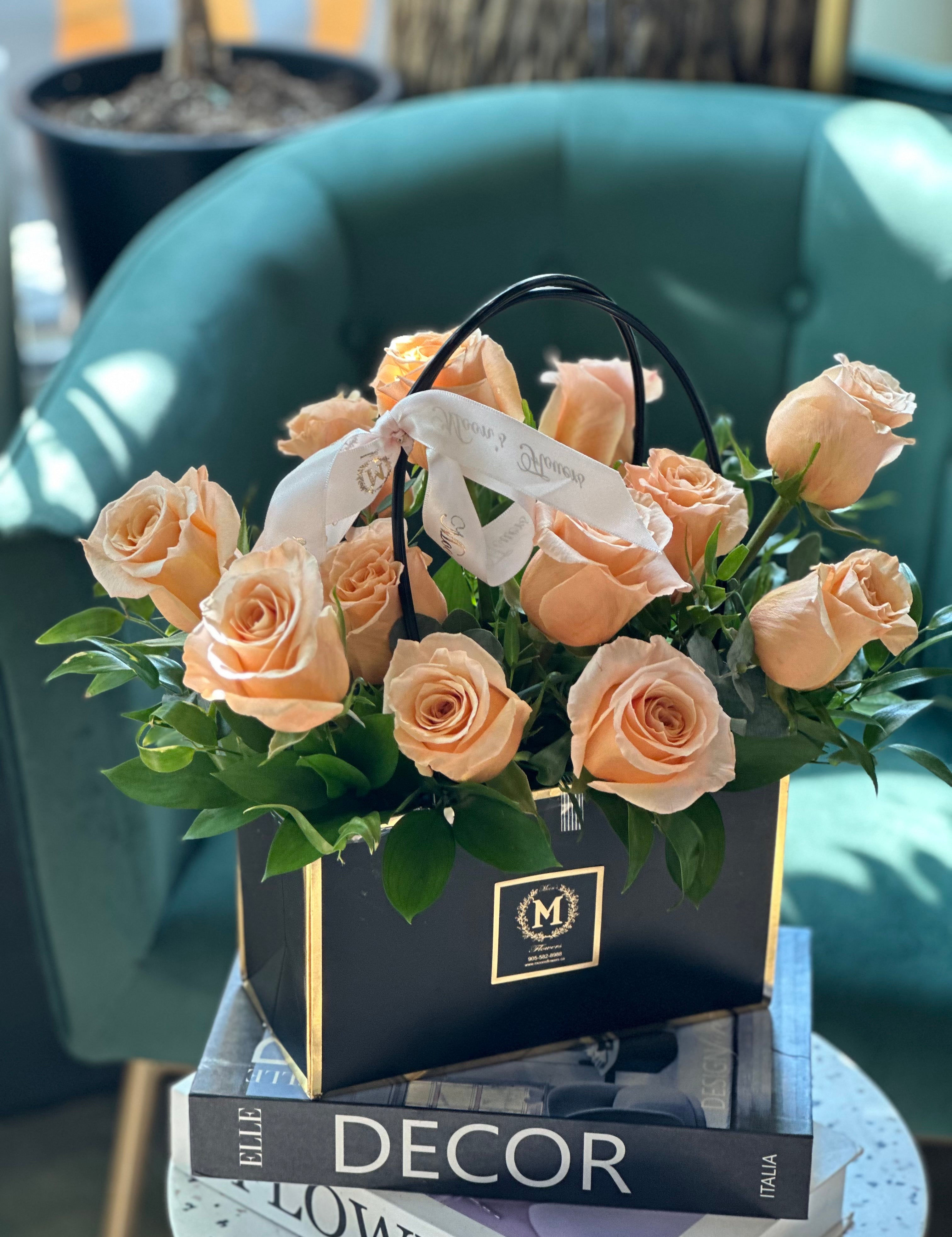 Full view of Dozen Peach Roses – Basket of Love basket arrangement, easy to display without a vase