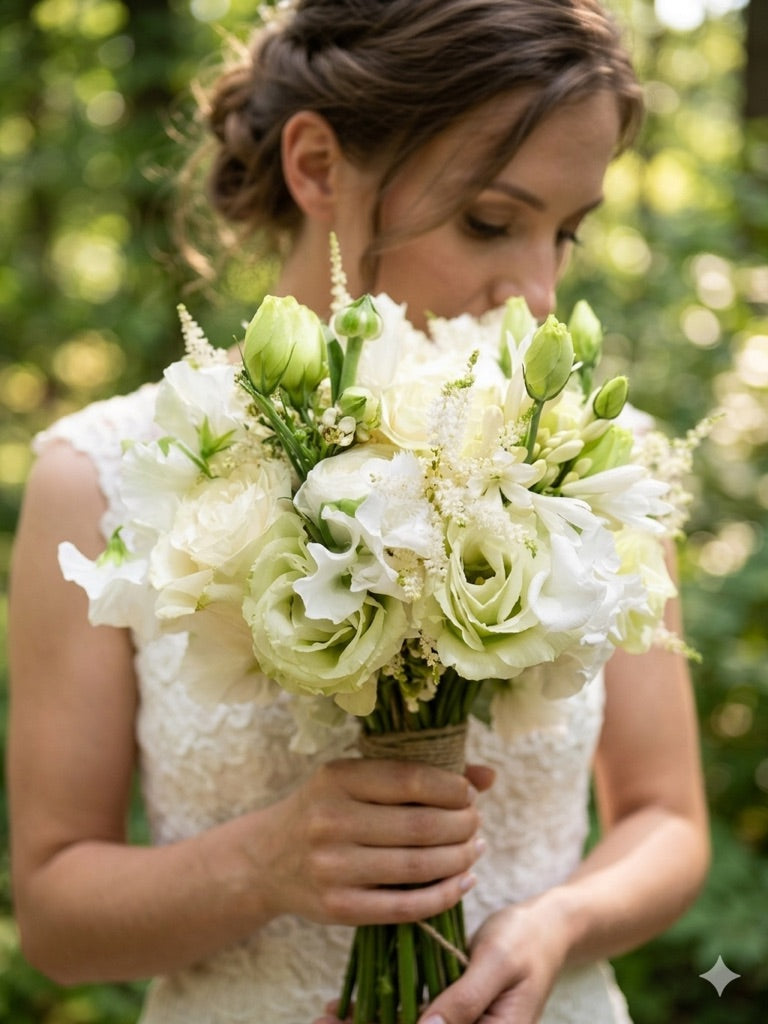white and green bridal bouquet garden style wedding flowers Toronto Moon’s Flowers
