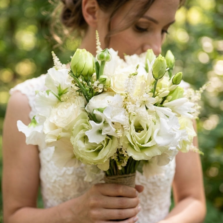 white and green bridal bouquet garden style wedding flowers Toronto Moon’s Flowers