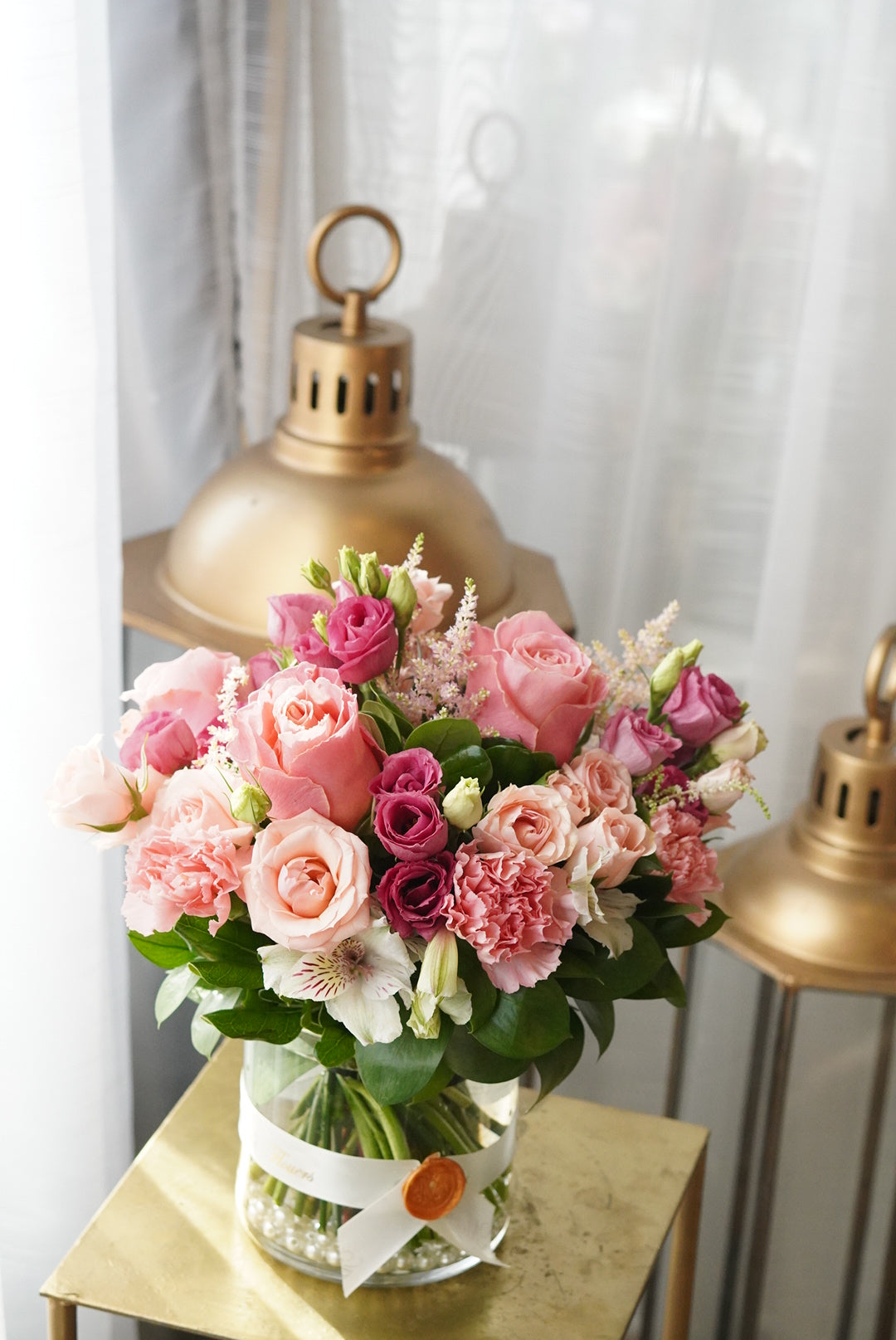Elegant pink and blush floral bouquet from Moon's Flowers. 'Pretty Pink' designer arrangement perfect for Mother's Day, available for delivery in Toronto, Oakville, and the GTA