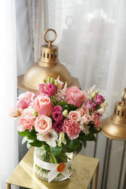 Elegant pink and blush floral bouquet from Moon's Flowers. 'Pretty Pink' designer arrangement perfect for Mother's Day, available for delivery in Toronto, Oakville, and the GTA