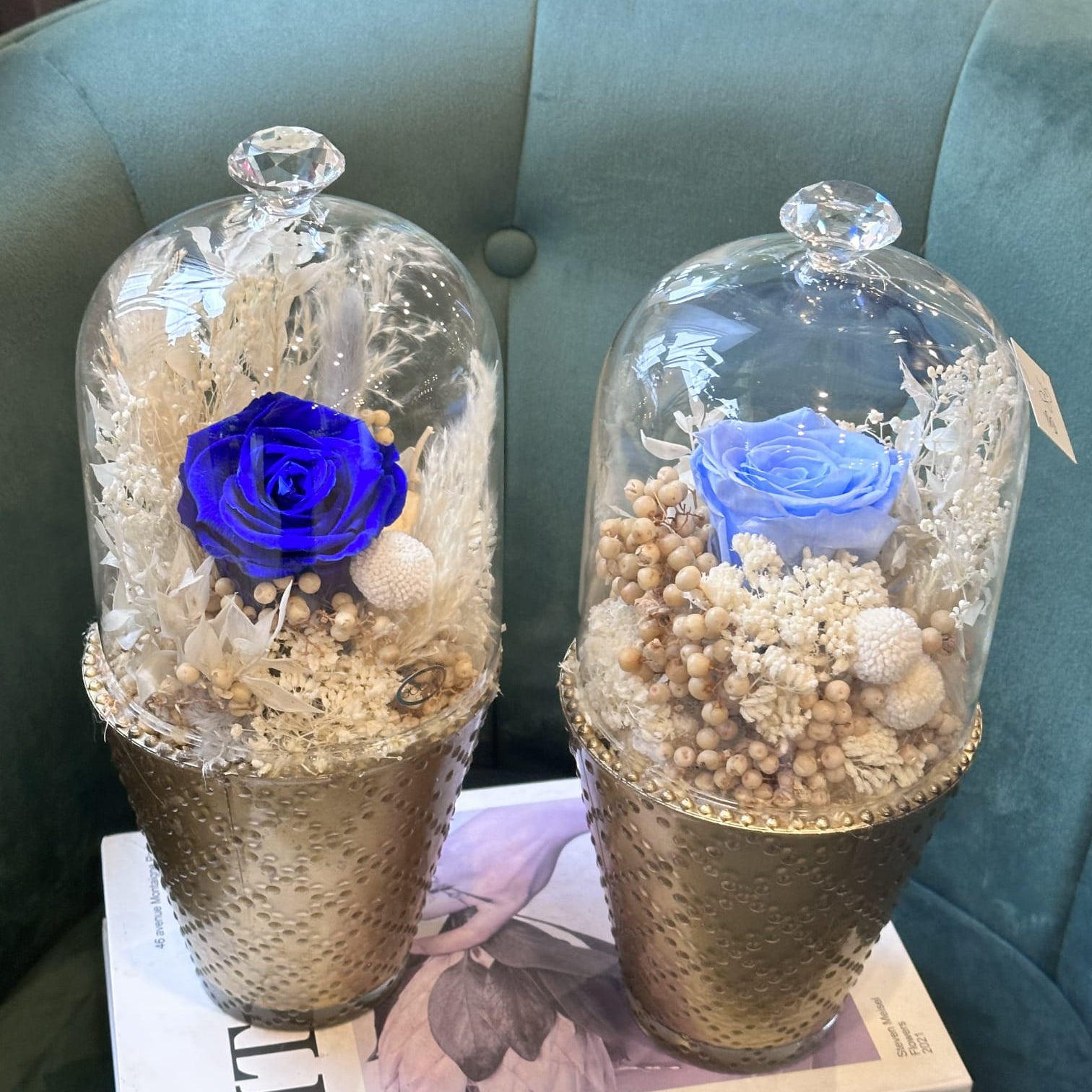 Two preserved floral arrangements with blue roses, dried white botanicals, and small beige berries, housed in crystal-topped glass domes, set on gold textured vases, displayed on top of a book.