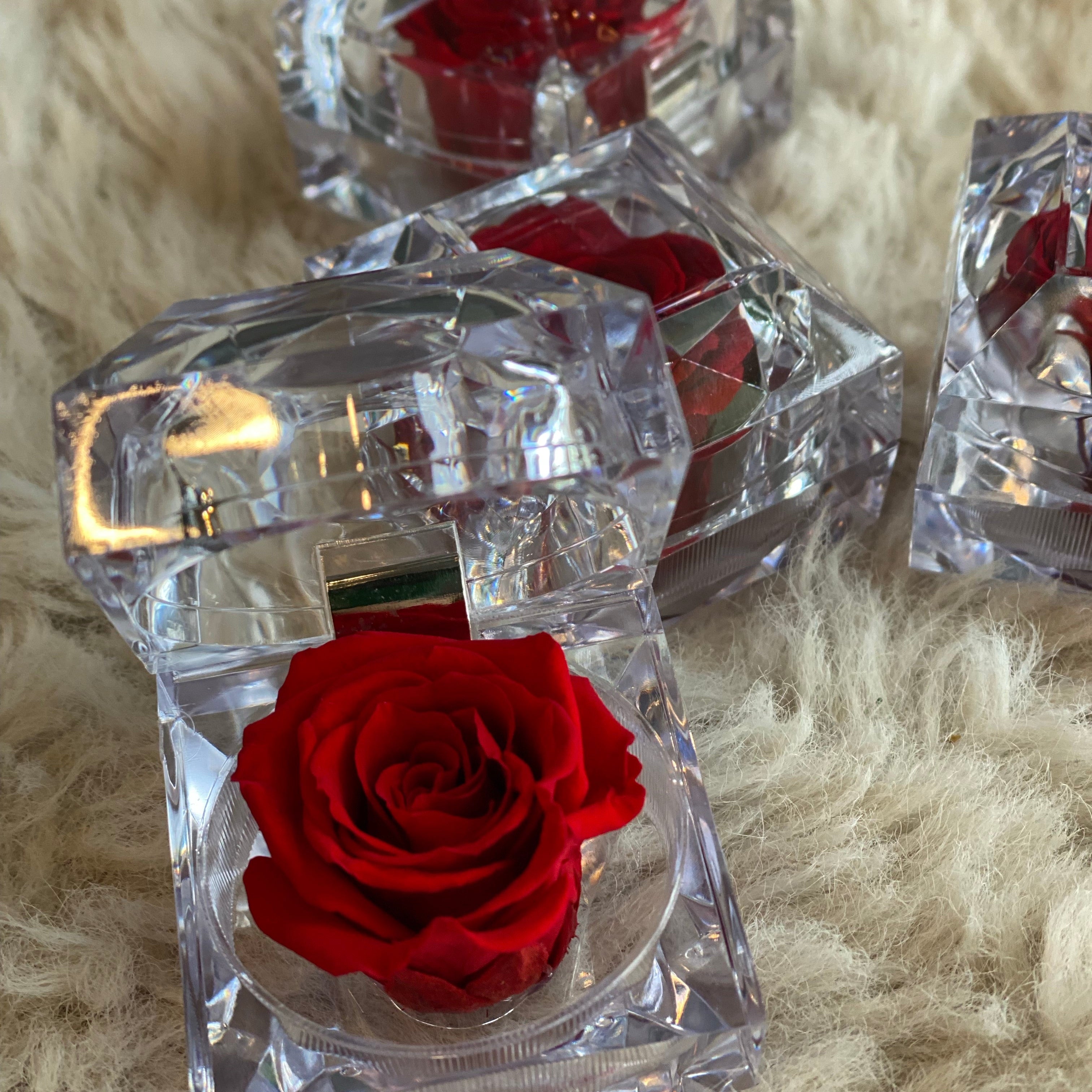 A single red preserved rose showcased inside a luxury faceted crystal acrylic box. This elegant "eternal rose" serves as a sophisticated keepsake gift for Mothe's day 