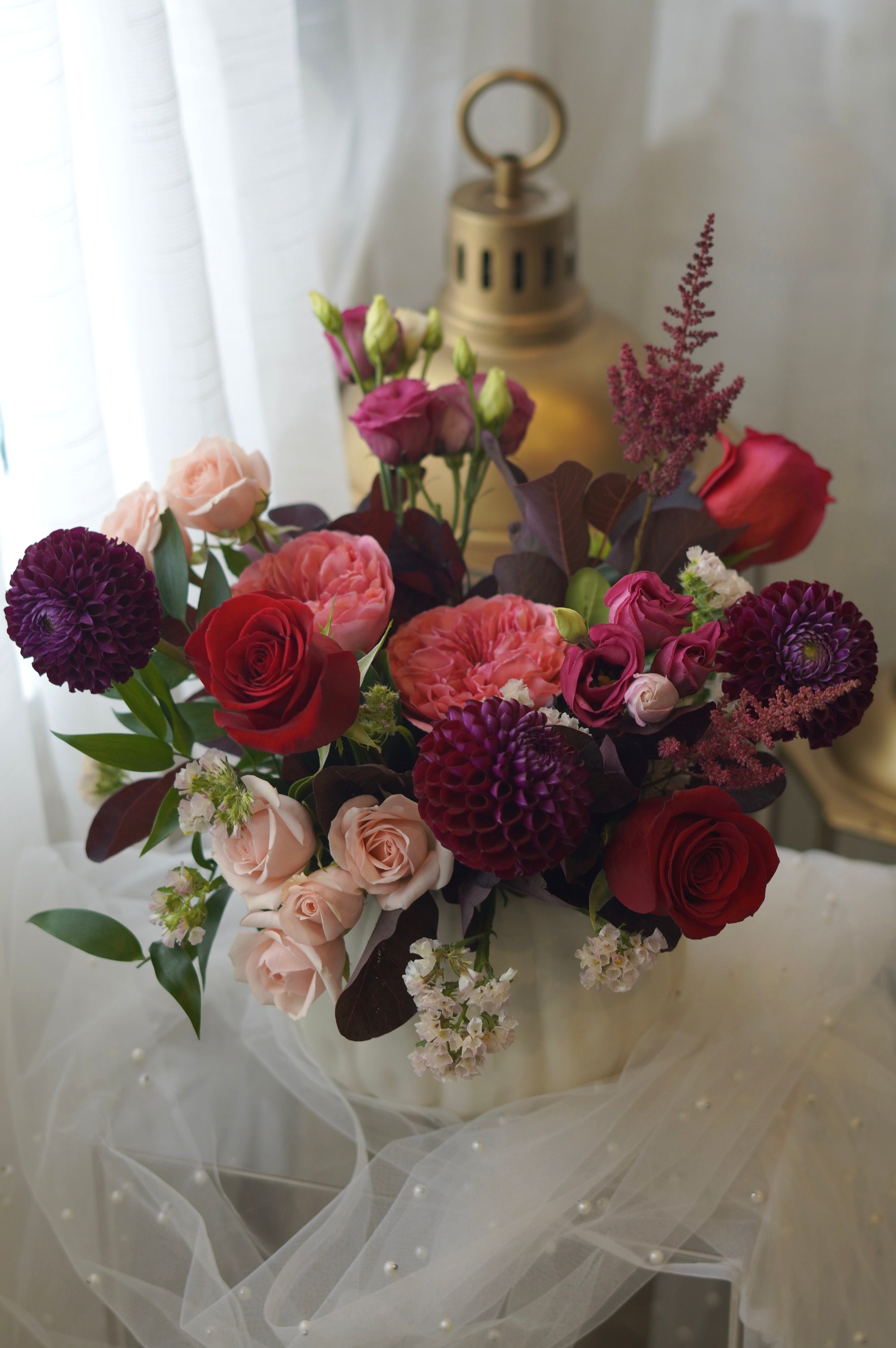 Velvet Romance burgundy and blush dahlia arrangement in cream vase — Toronto same-day flower delivery