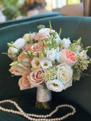 classic wedding bouquet ranunculus roses champagne tones Toronto florist
