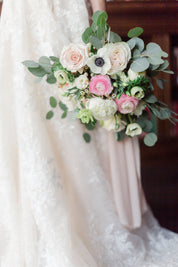 blush white bridal bouquet ranunculus roses anemone garden style wedding flowers Toronto Moon’s Flowers