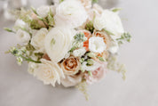 elegant neutral bridal bouquet white peach flowers bride holding bouquet wedding