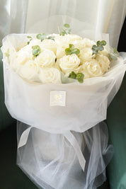 All view for White rose round bouquet made with Playa Blanca roses