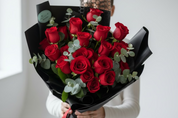 Person holding a classic red rose two dozen bouquet with greenery