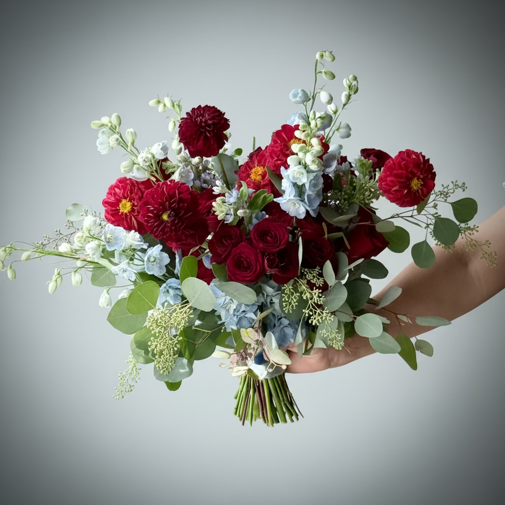 Bride and groom at wedding ceremony with red and blue floral bouquet featuring dahlias, hydrangeas, roses, and eucalyptus greenery — handcrafted bridal flowers by Moon's Flowers Toronto