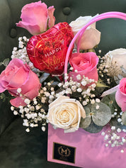 Valentine's Day - Basket of Love Pink & White 12 roses with Small Ballon