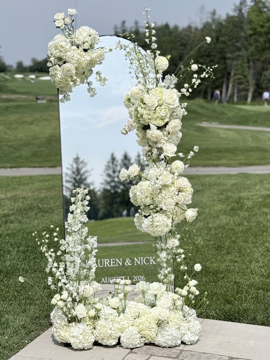 White Mirror Floral Decoration with roses and hydrangeas — Luxury Wedding Florist Toronto
