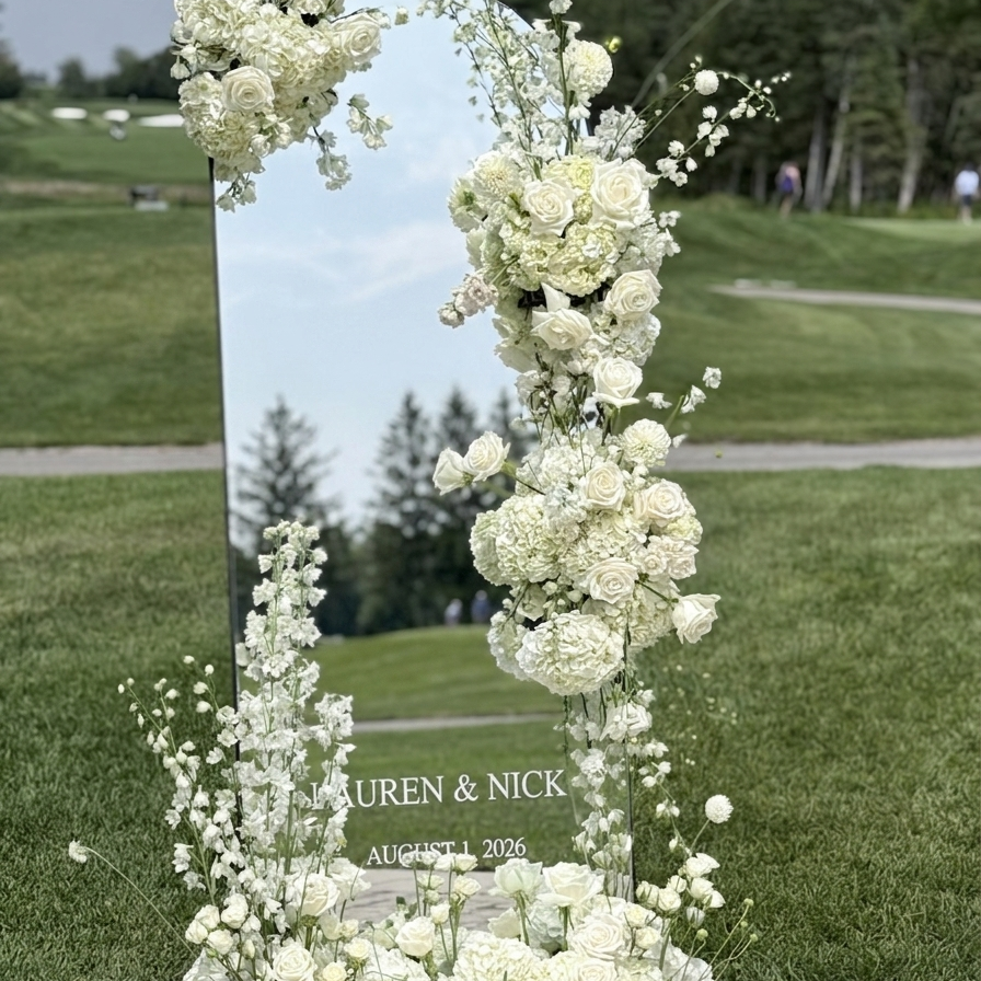 White Mirror Floral Decoration with roses and hydrangeas — Luxury Wedding Florist Toronto