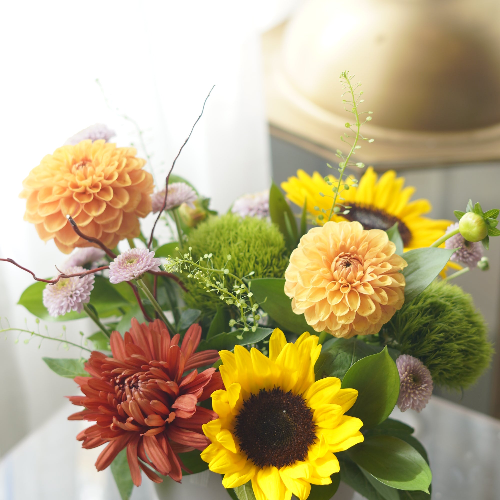 Sunlit Meadow sunflower and dahlia arrangement in grey ceramic vase — Toronto same-day flower delivery