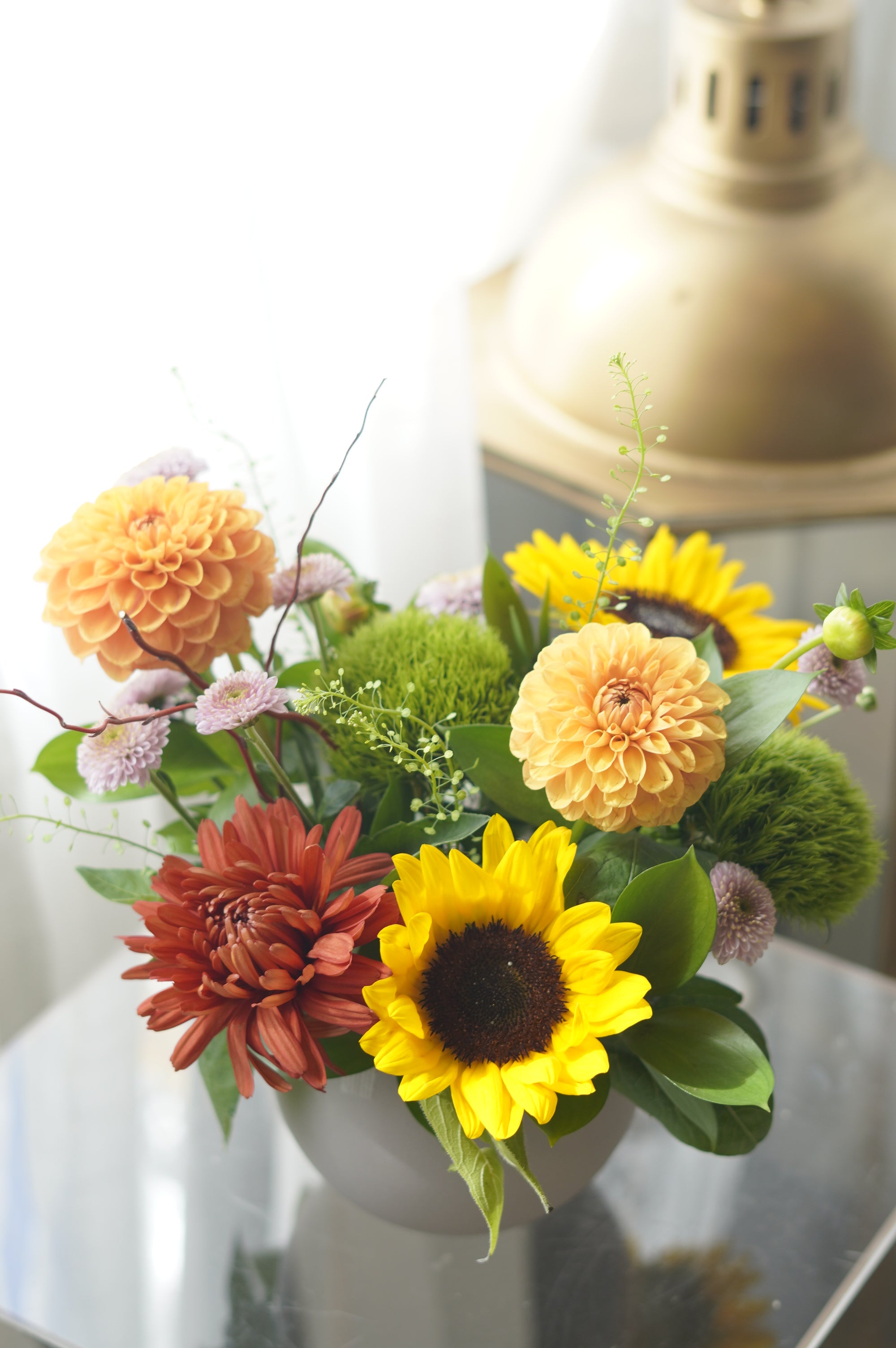 Sunlit Meadow sunflower and dahlia arrangement in grey ceramic vase — Toronto same-day flower delivery