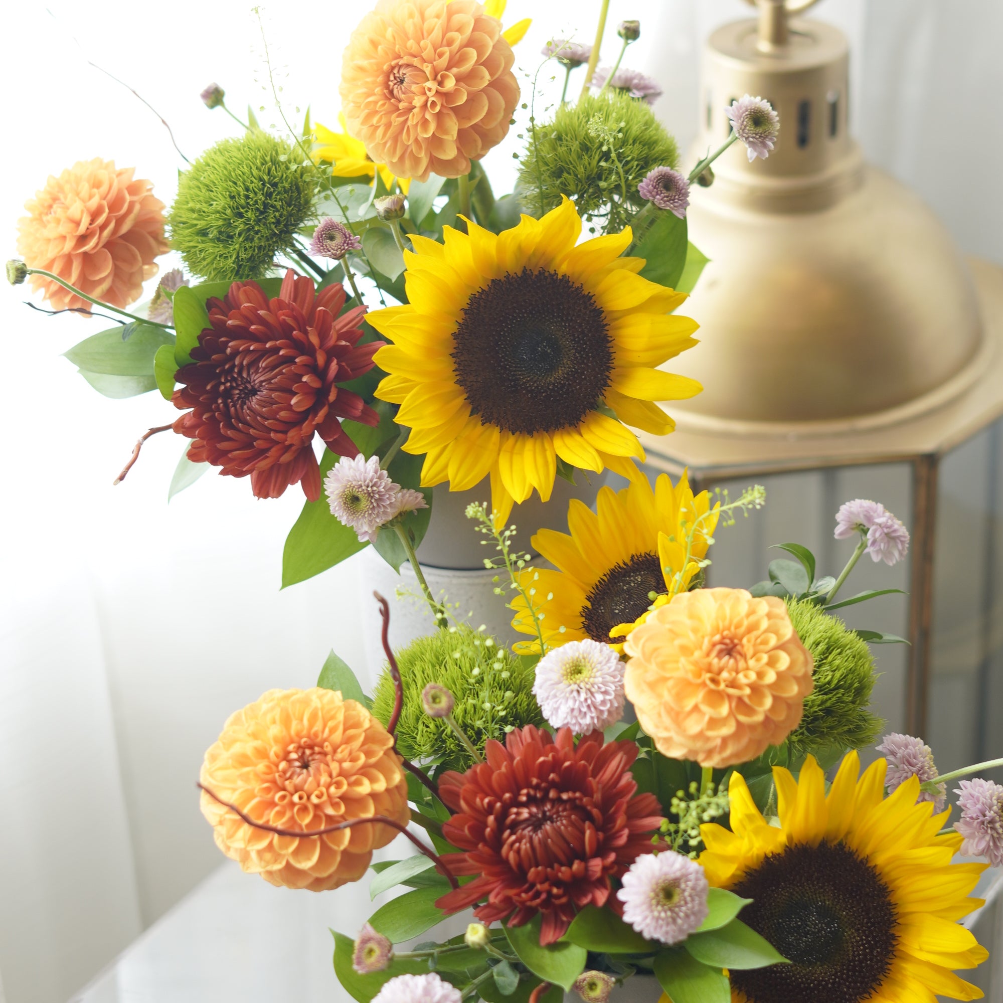 Set of three sunflower and peach dahlia arrangements — fall centrepiece flowers