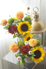 Set of three sunflower and peach dahlia arrangements — fall centrepiece flowers