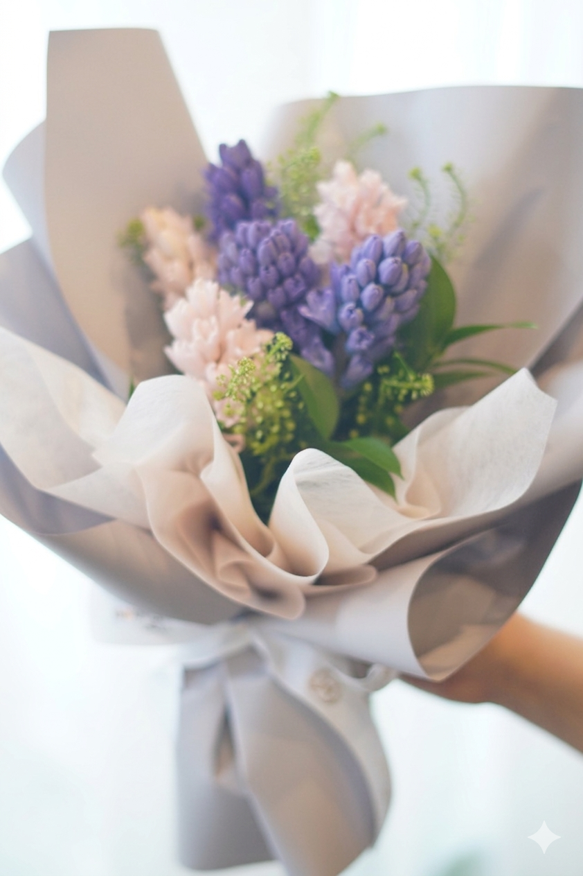 Lavender hyacinth bouquet wrapped in neutral paper – Moon’s Flowers Toronto