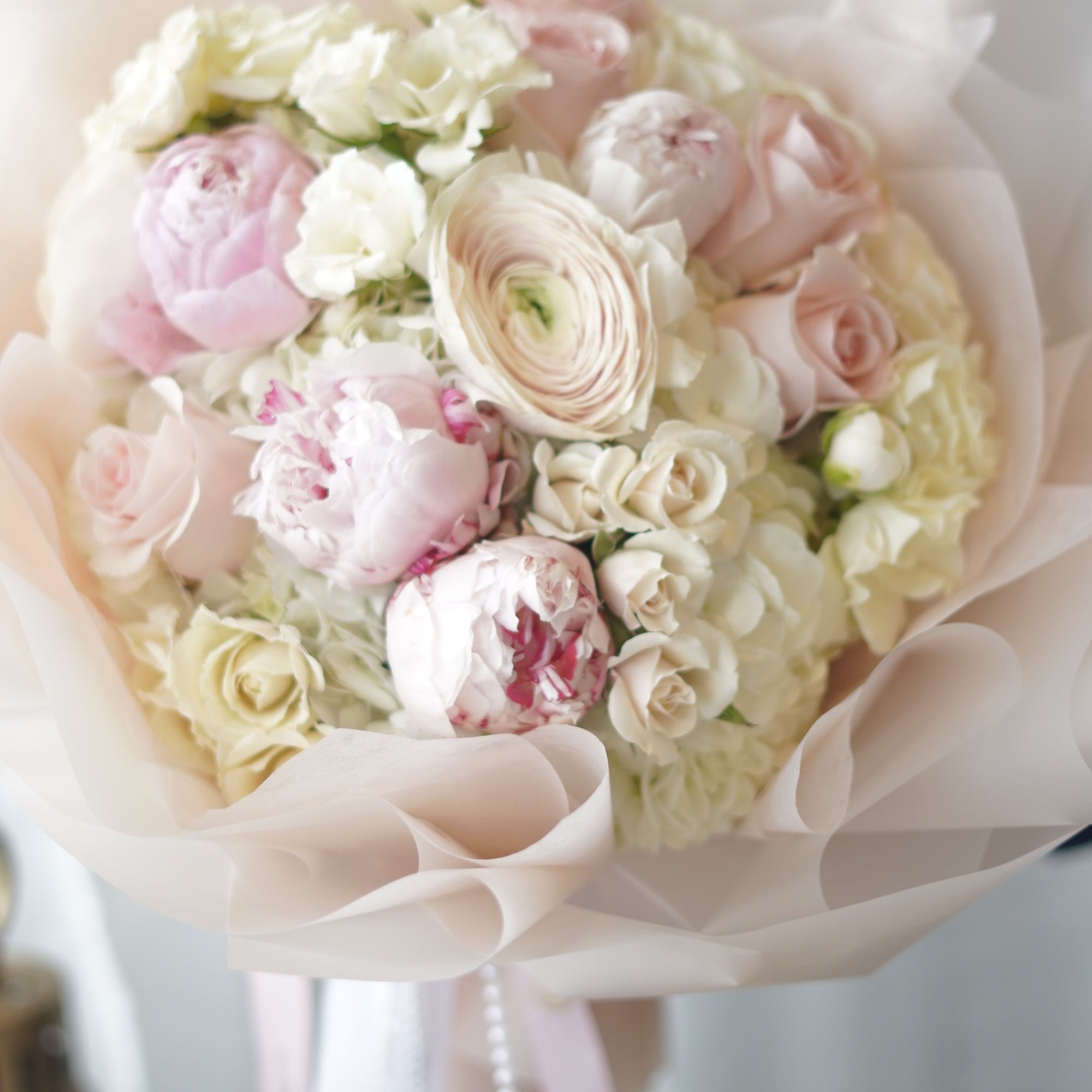 Luxury blush pink peony bouquet with roses and ranunculus by Moon’s Flowers
