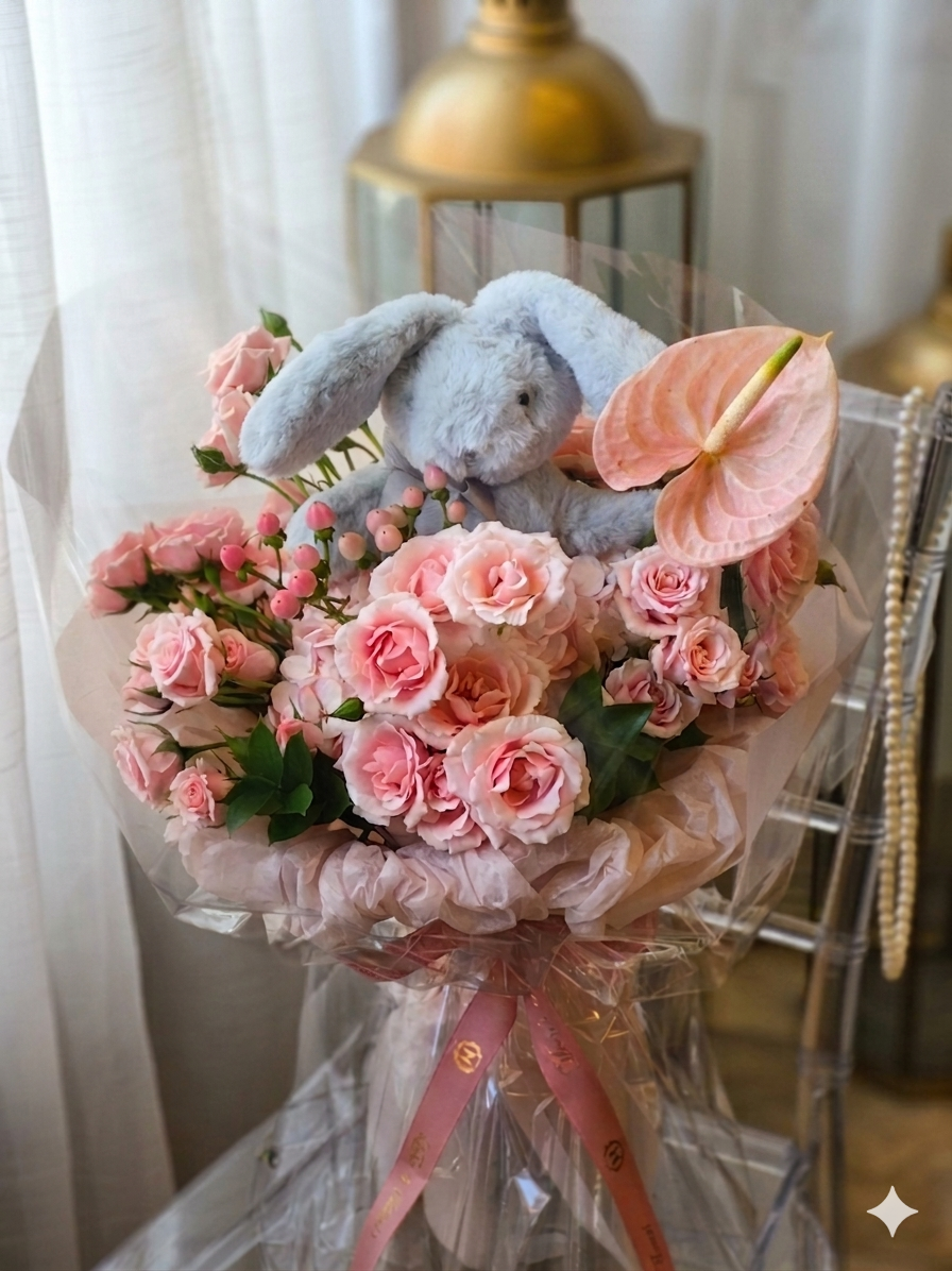     Luxury pink bunny flower bouquet with blush roses and pink anthurium by Moon’s Flowers
