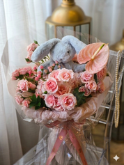     Luxury pink bunny flower bouquet with blush roses and pink anthurium by Moon’s Flowers