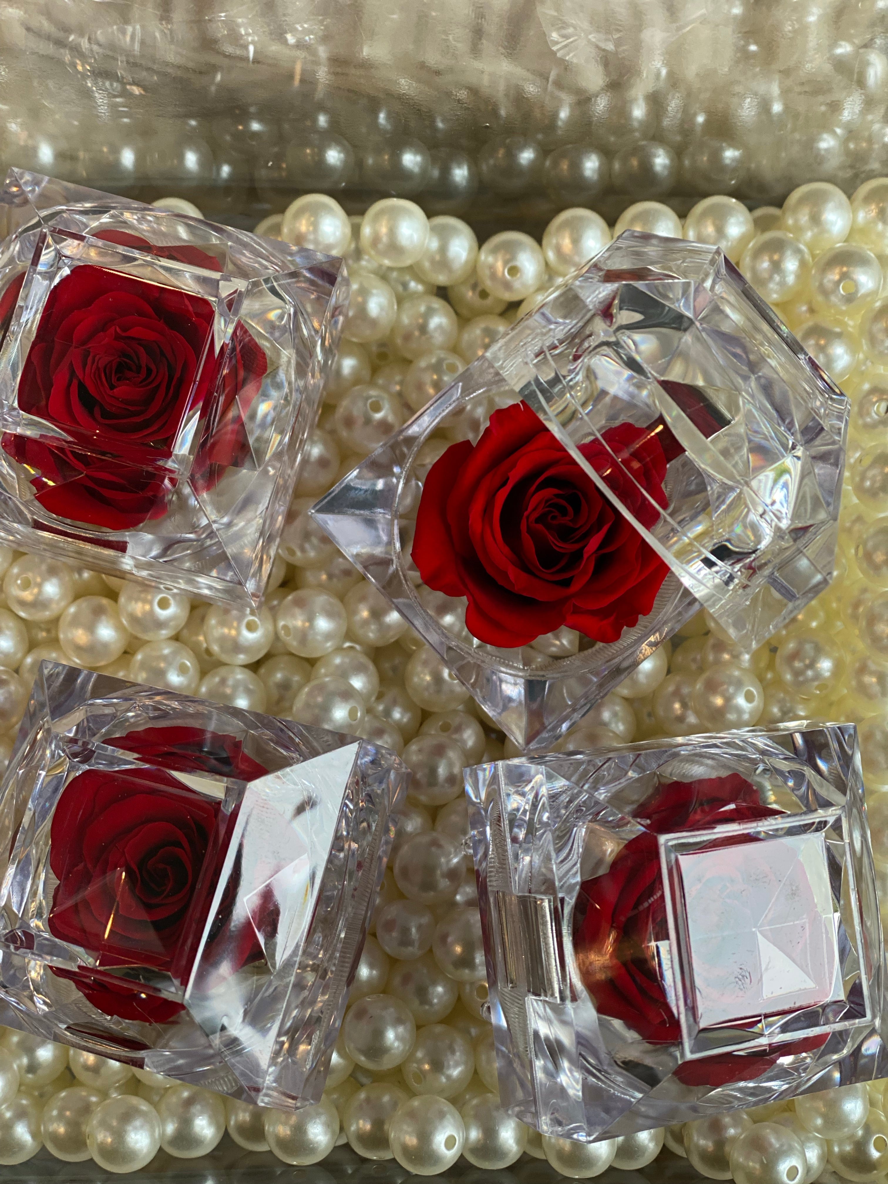 Luxury preserved red rose in a diamond cut crystal display box. Long lasting infinity rose gift for high end home decor or romantic gesture /Moon's flowers /GTA delivery