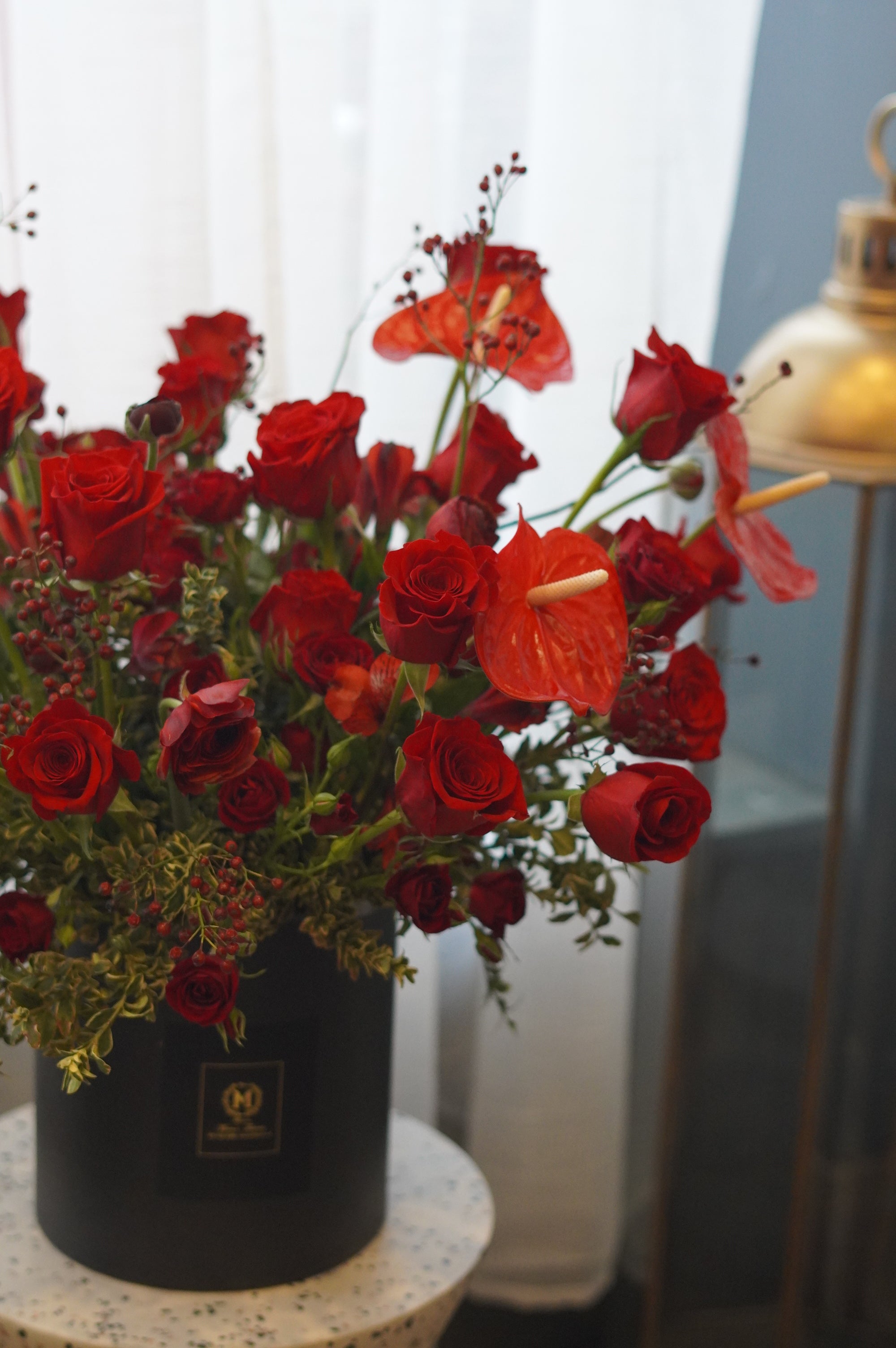 Luxury red rose and anthurium floral box by Moon's Flowers, Oakville