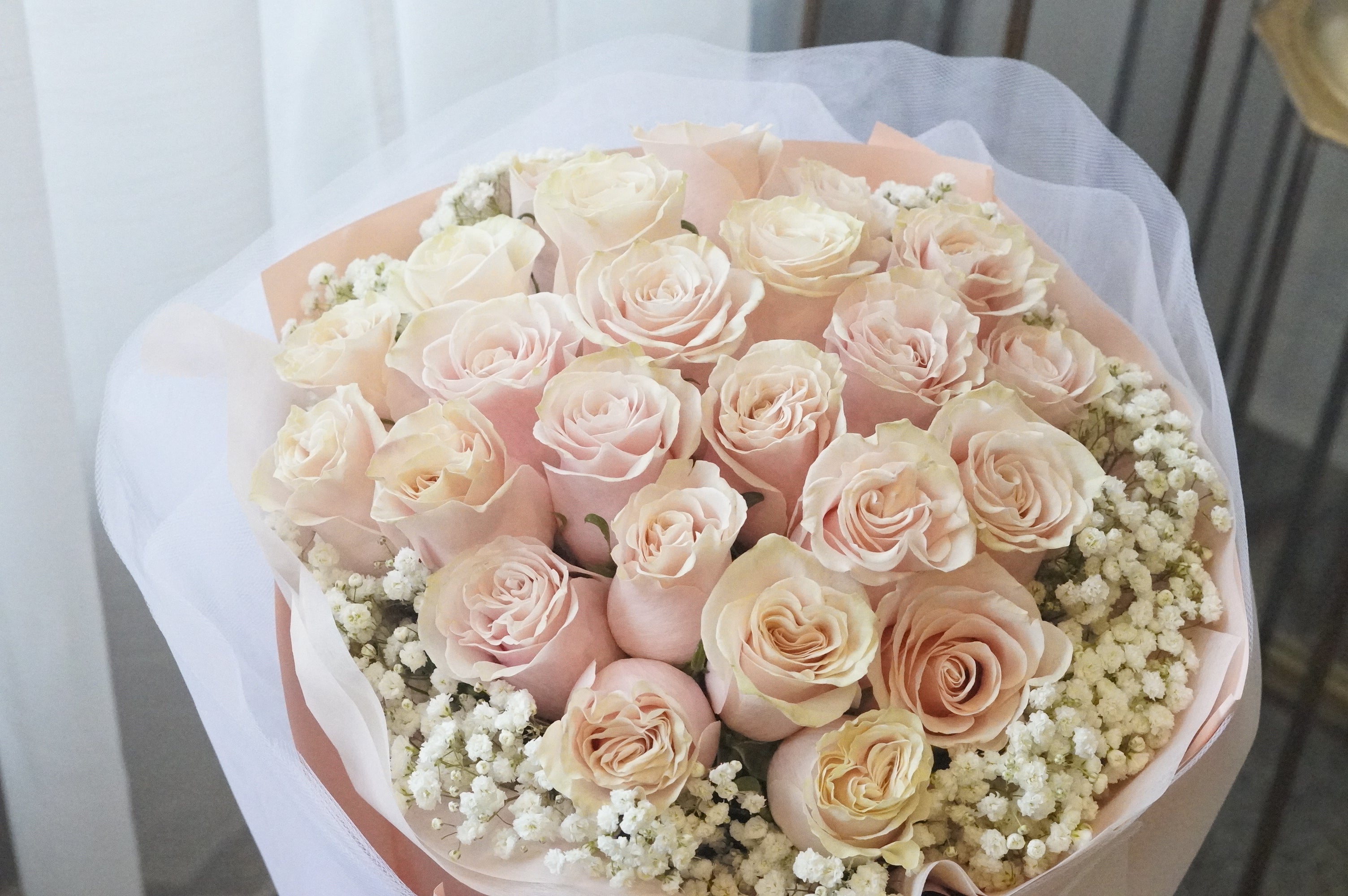 Closeup of Bouquet of pink roses with baby's breath in a white wrap.